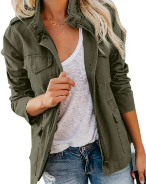 Womens Zip Up Military Anorak Jackets Casual Long Sleeve Snap Buttons Safari Utility Drawstring Coats with Pockets