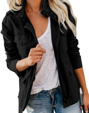 Womens Zip Up Military Anorak Jackets Casual Long Sleeve Snap Buttons Safari Utility Drawstring Coats with Pockets