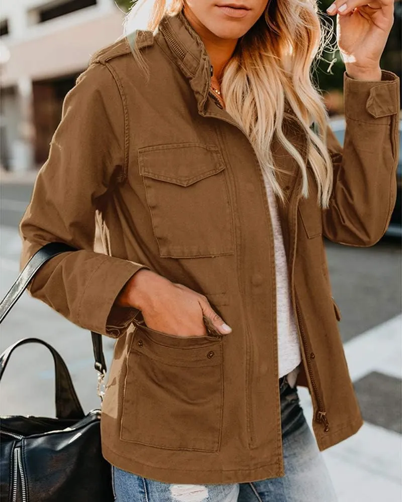 Womens Zip Up Military Anorak Jackets Casual Long Sleeve Snap Buttons Safari Utility Drawstring Coats with Pockets